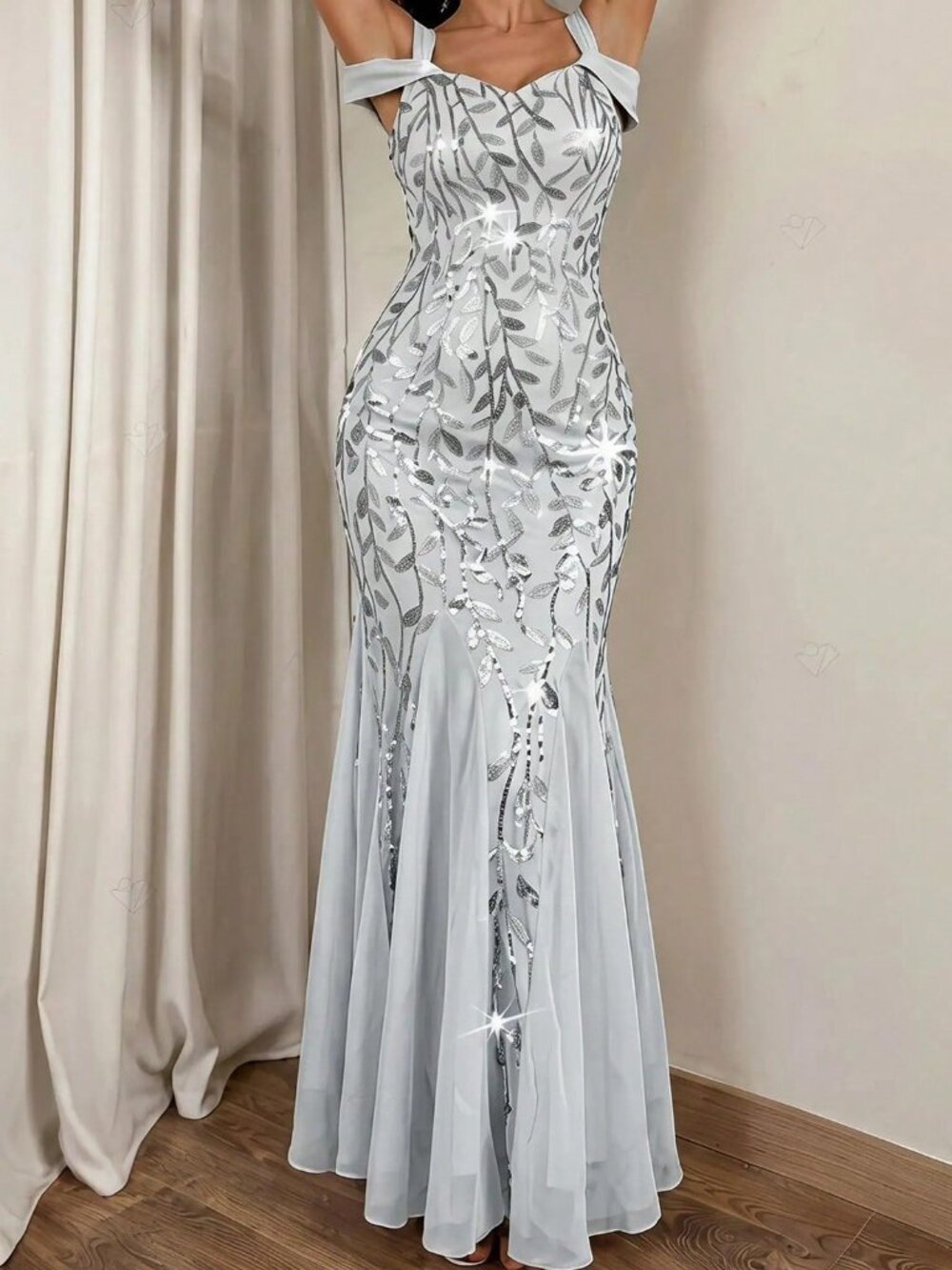 Light Grey Elegant Women's Long Sequin Mermaid Evening Formal Party Gown